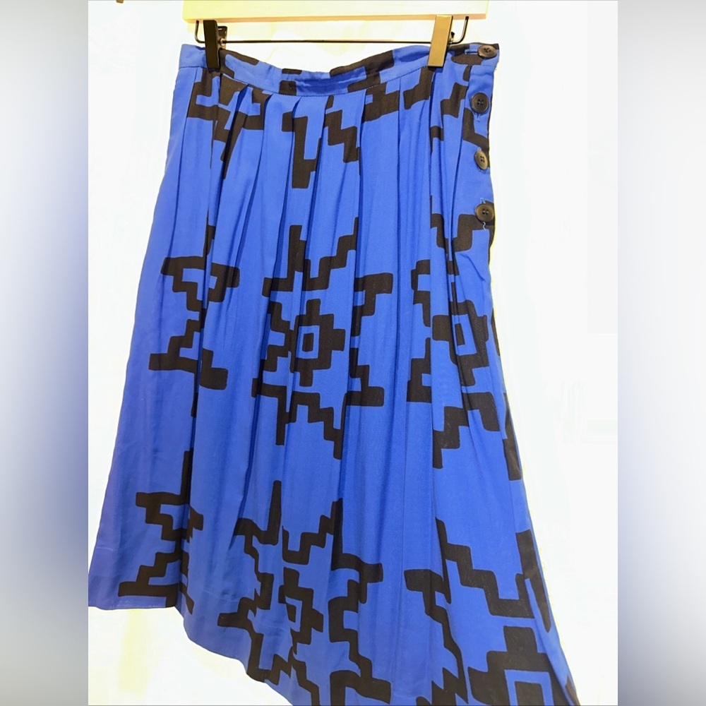 VTG Melissa Lane Womens Size 12 Blue Black Geometric Pleated Midi Skirt A Line